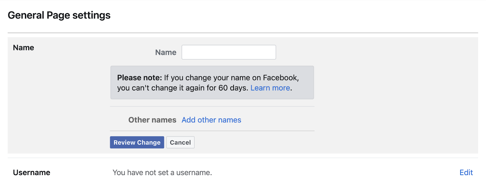 general page settings where you can change your page name