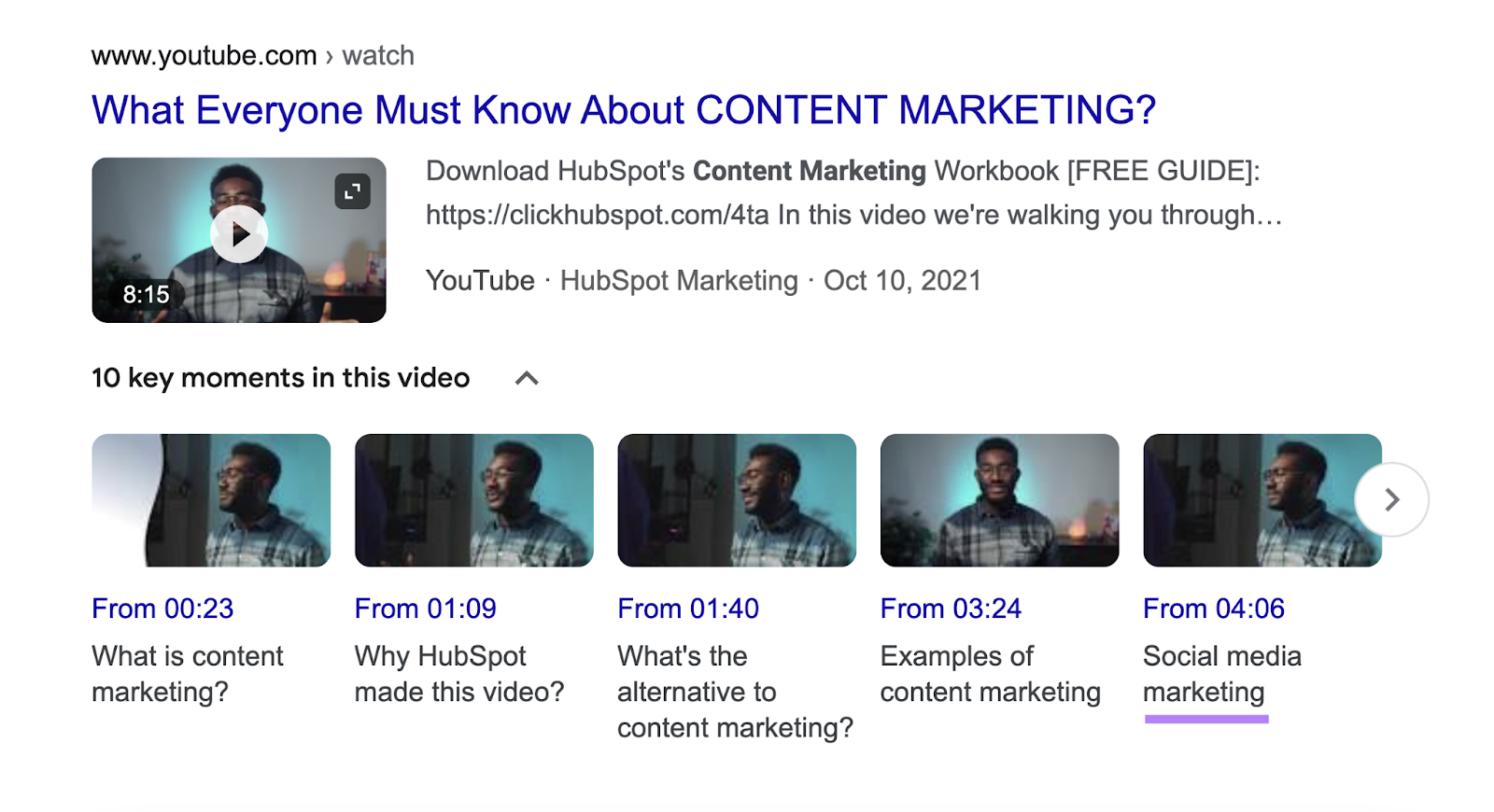 video serp listing with seed keyword highlighted