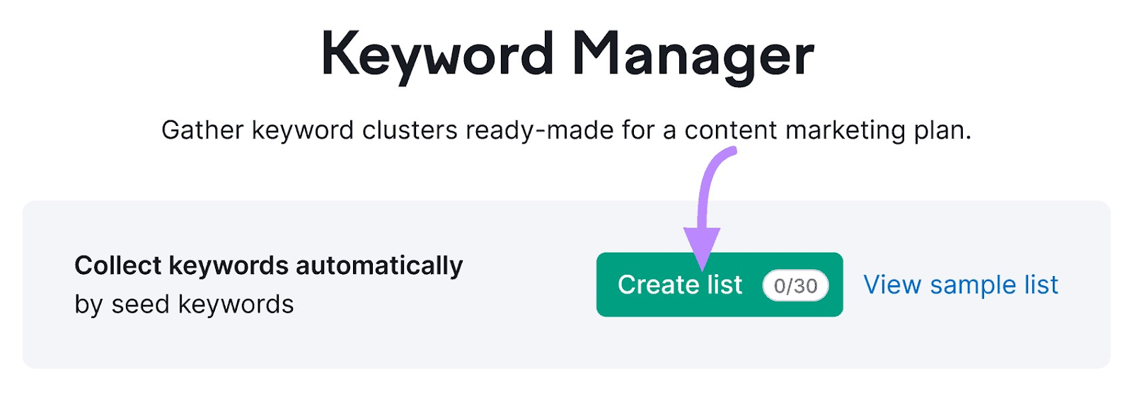"Create list" button highlighted in Keyword Manager
