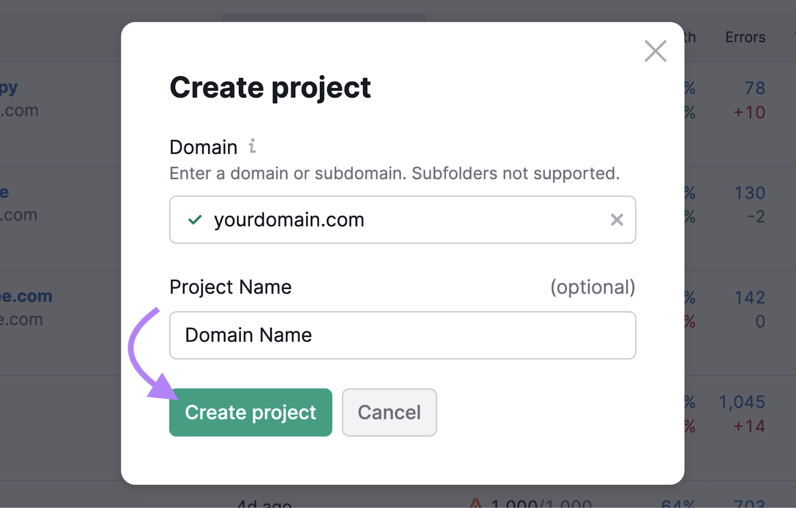 "Create project" on Semrush with input boxes to enter a domain and a name for the project.