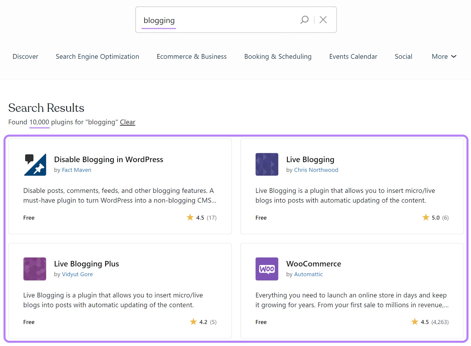 WordPress plugins showing for the "blogging" search