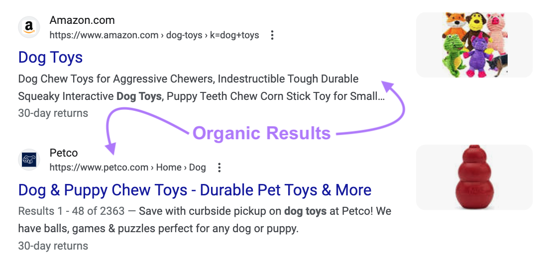 examples of organic results on Google’s first page