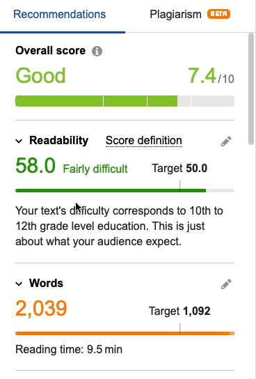 Readability score in SEO Writing Assistant