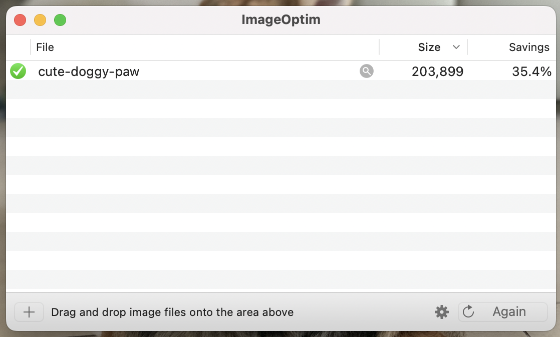 file dropped into image optim tool shows file size savings of 36%