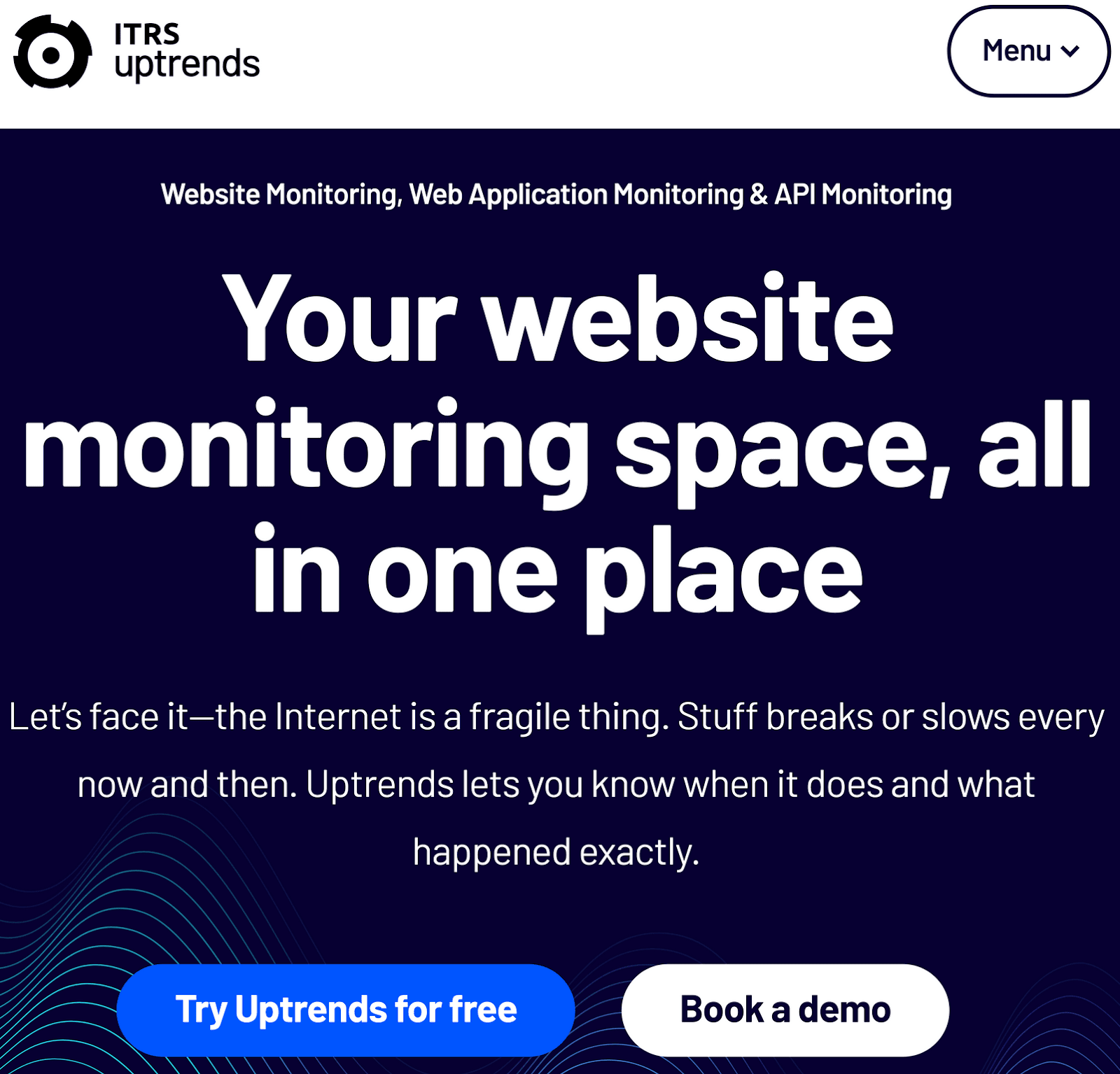 ITRS Uptrends homepage showcasing web application and API monitoring services with buttons to try for free or book a demo.