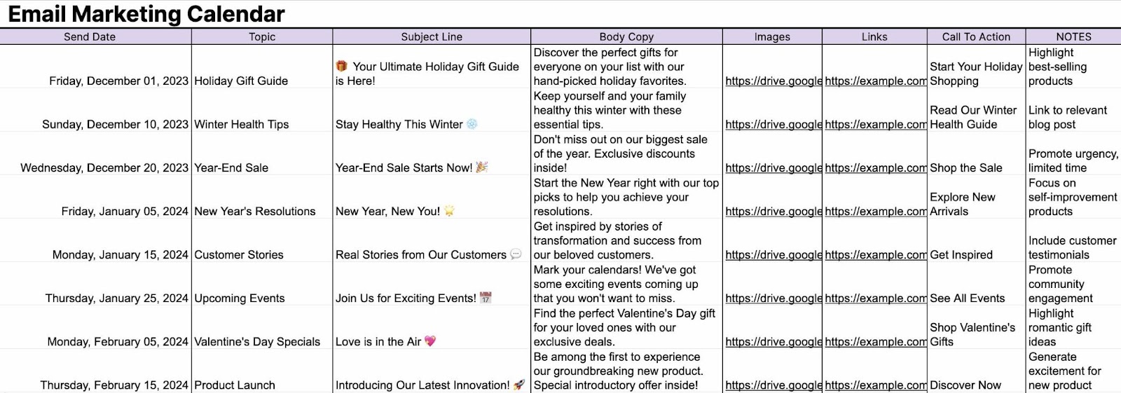 An email marketing content calendar example
