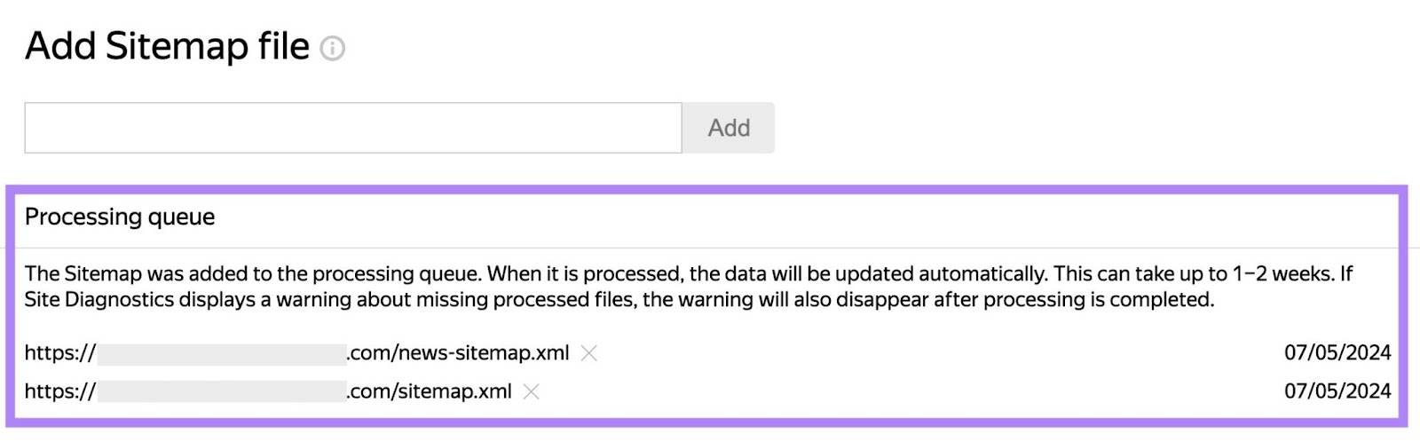 "Processing queue" on Yandex showing a list of submitted sitemap URLs along with the date submitted