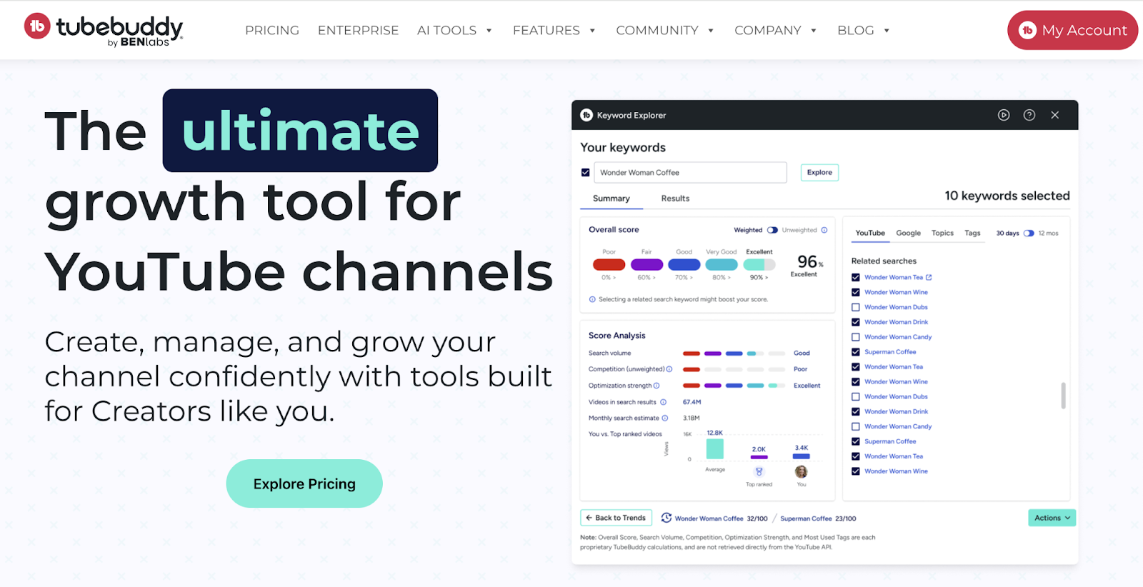 tubebuddy's homepage shows the tool in action