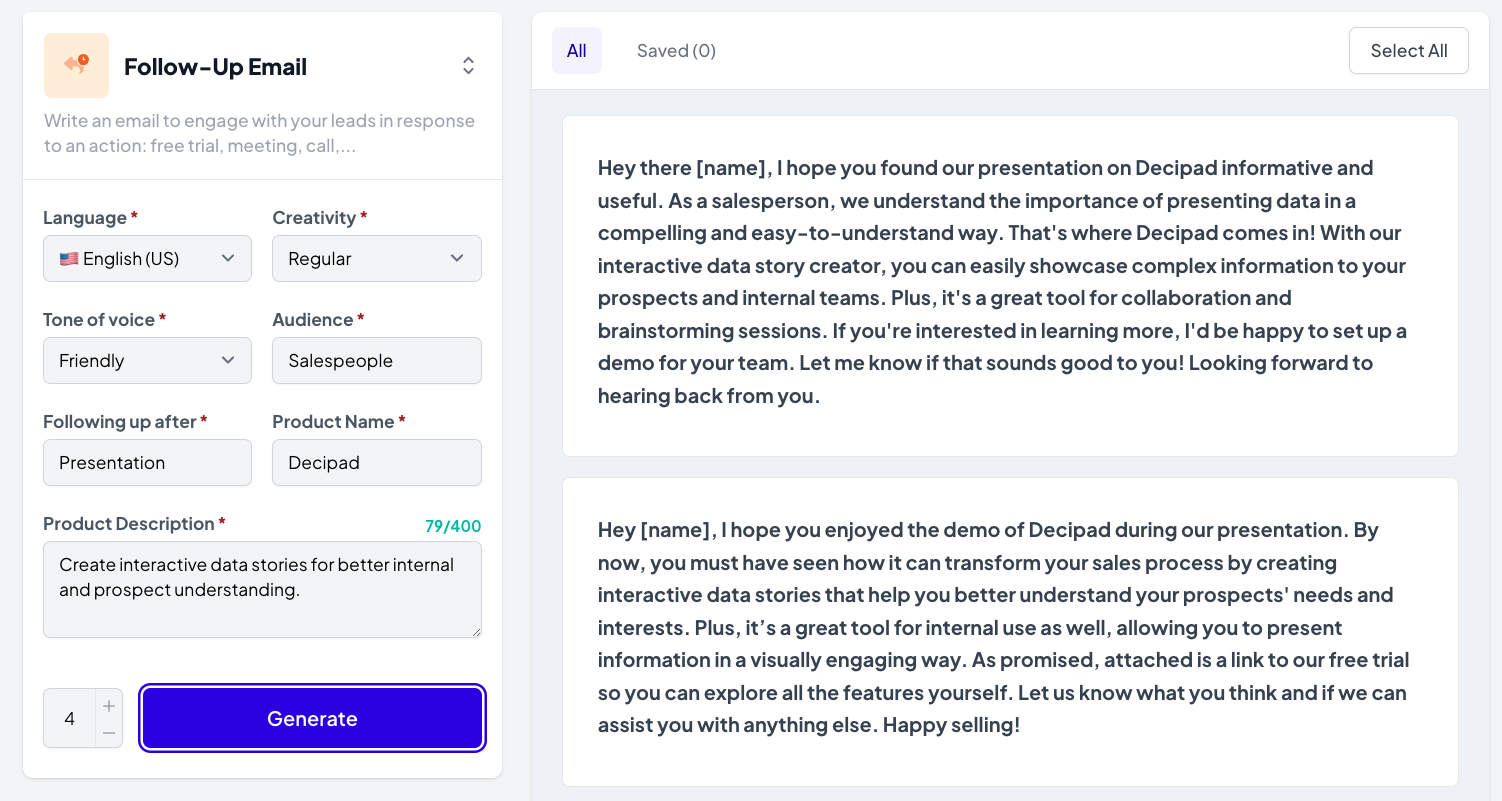 An email draft for salespeople who have seen a demo of Decipad in AI Writing Assistant
