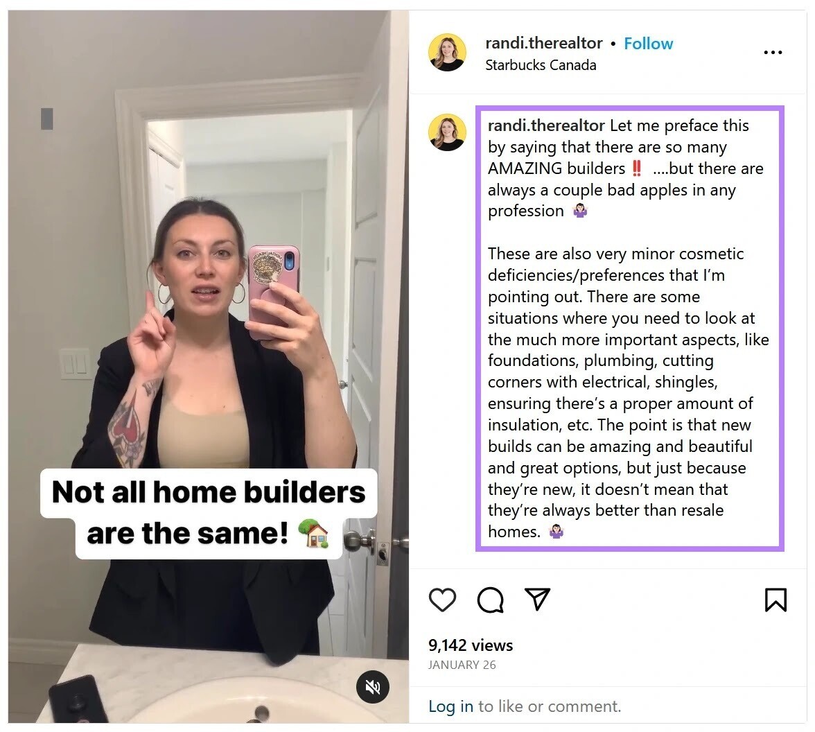 An Instagram post of a user sharing opinion on real estate