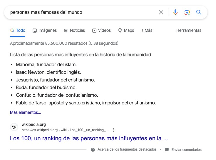 SERP para "personas más famosas del mundo"