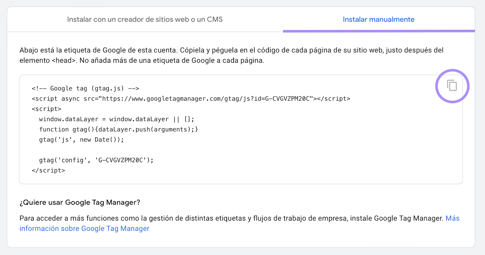 Haz clic en el texto del encabezado vinculado para "Instalar manualmente"