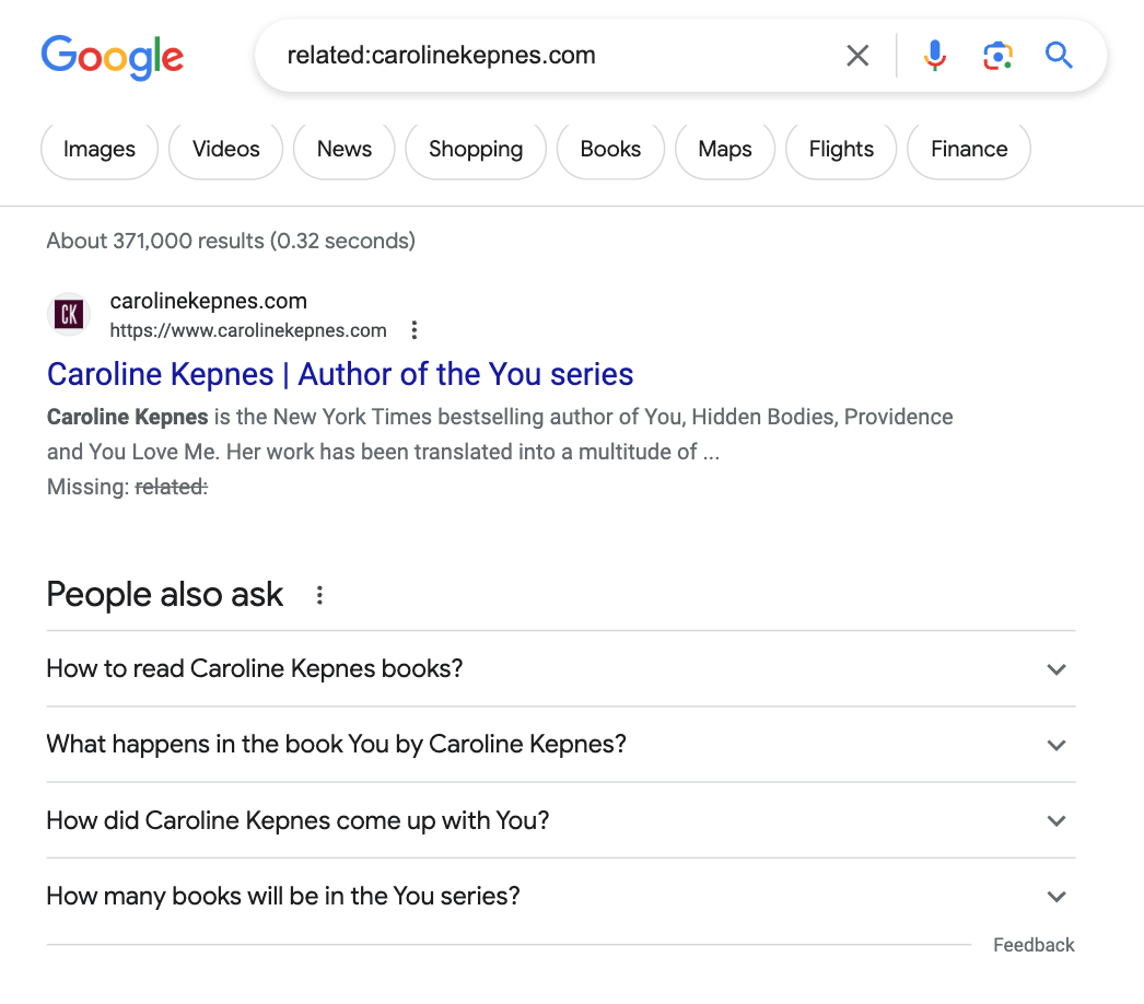 Google's SERP for “related:carolinekepnes.com"