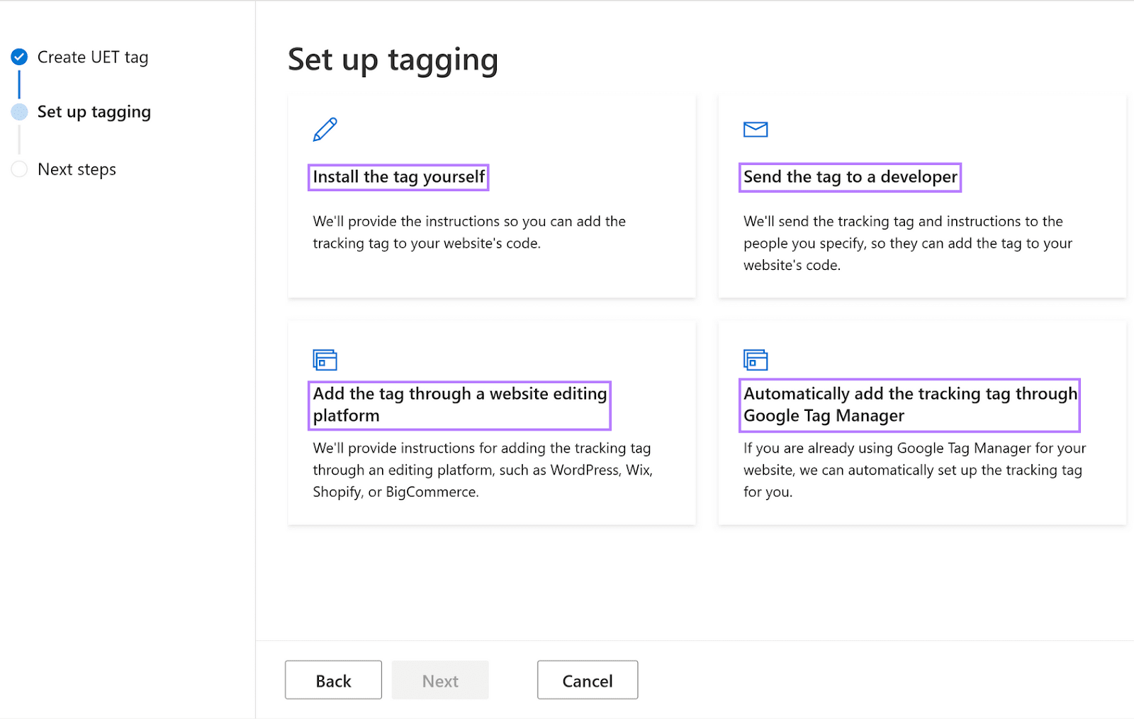 "Set up tagging" step of setting UET tag in Microsoft Ads