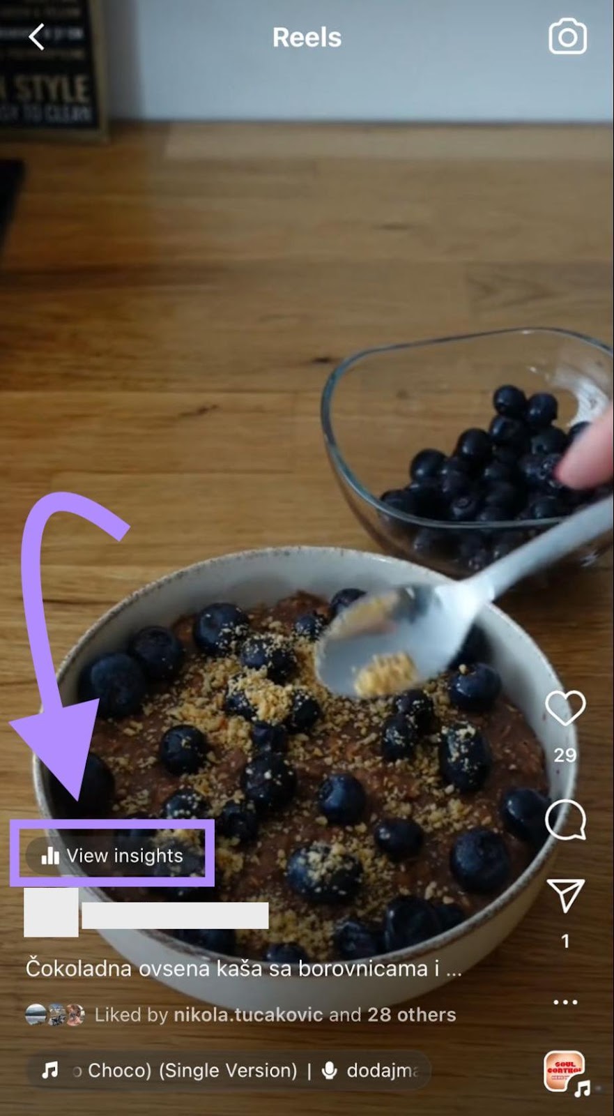 “View insights” button highlighted in the opened Instagram Reel
