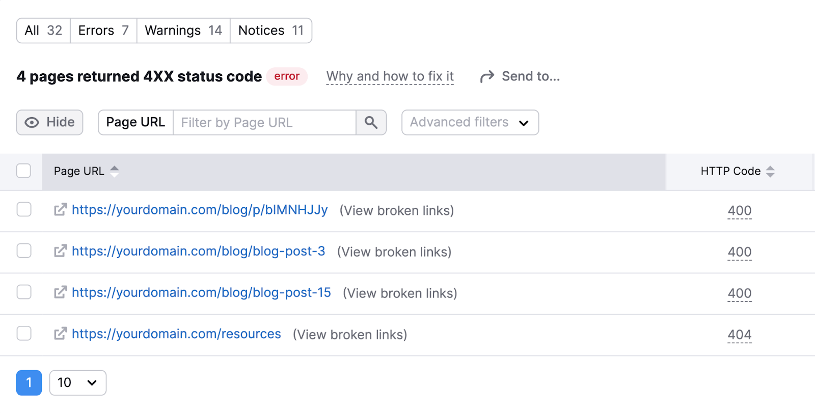 A database  of affected pages with 4XX presumption    codification  successful  Site Audit tool