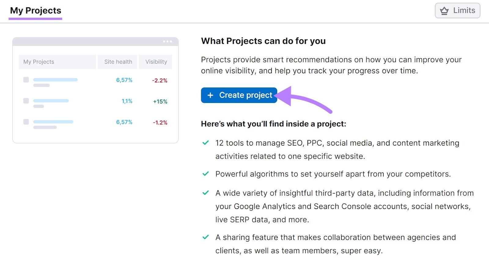 “+ Create project” button highlighted under “My Projects” section