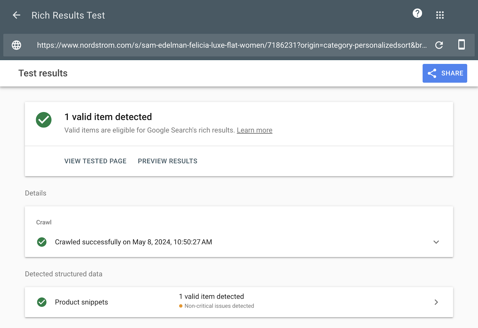 rich results test for product page shows valid items and detected structured data