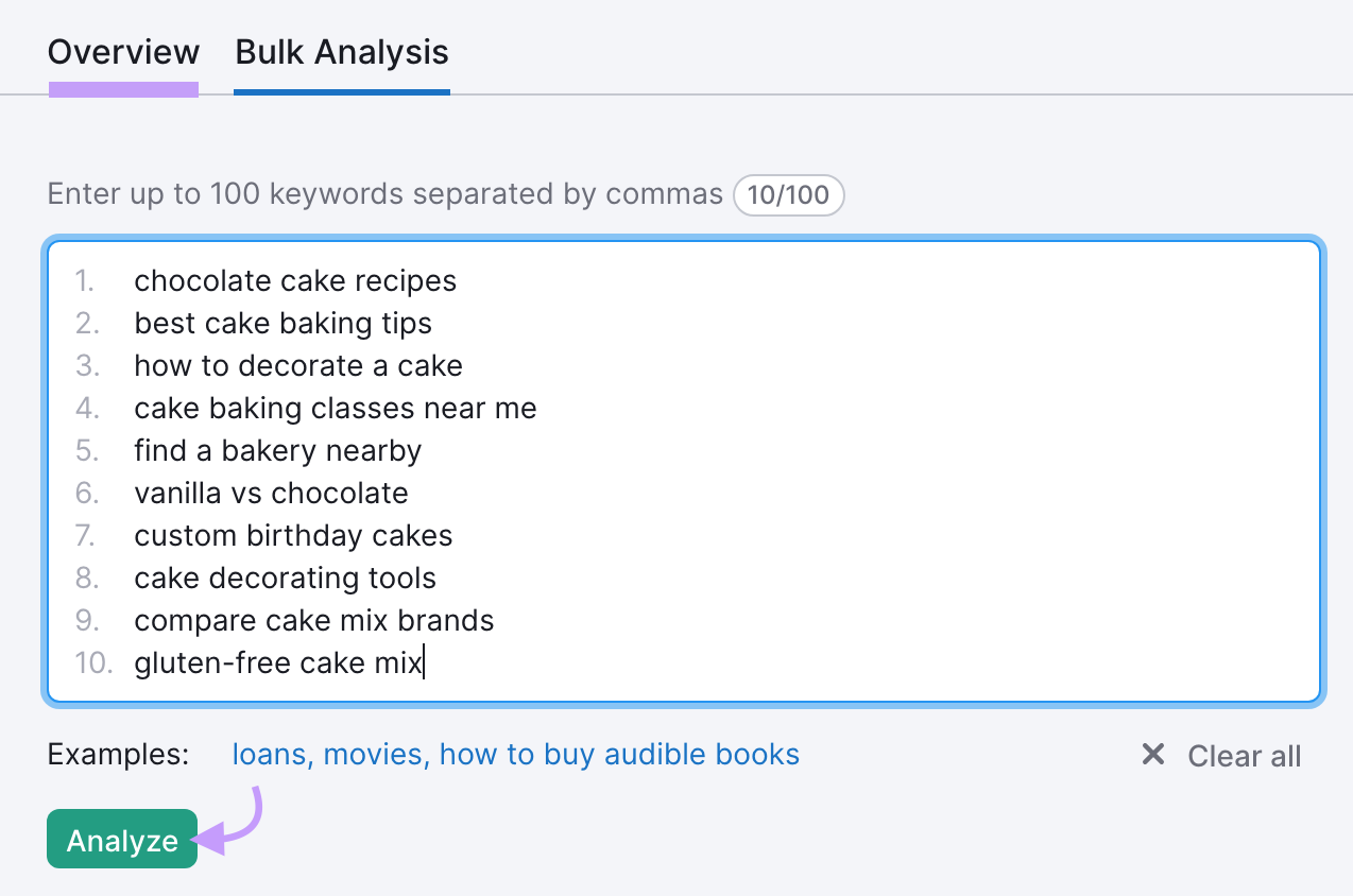 "Bulk Analysis" input box in Keyword Overview tool