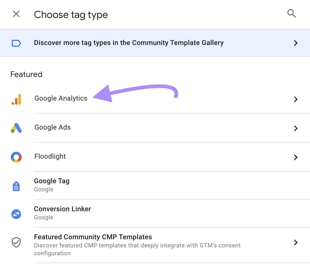 "Google Analytics" selected nether  "Choose tag type"