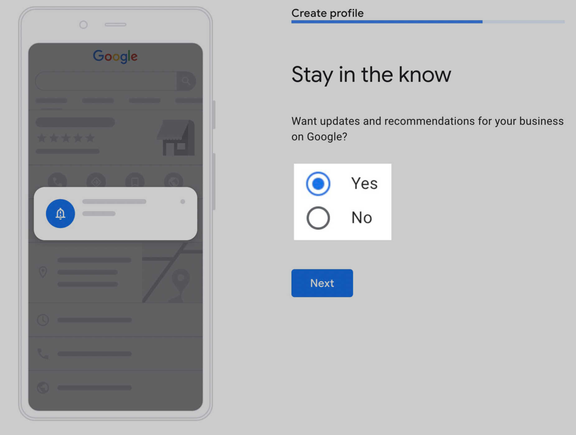 Selecionando "sim" ou "não" para recomendações do Google
