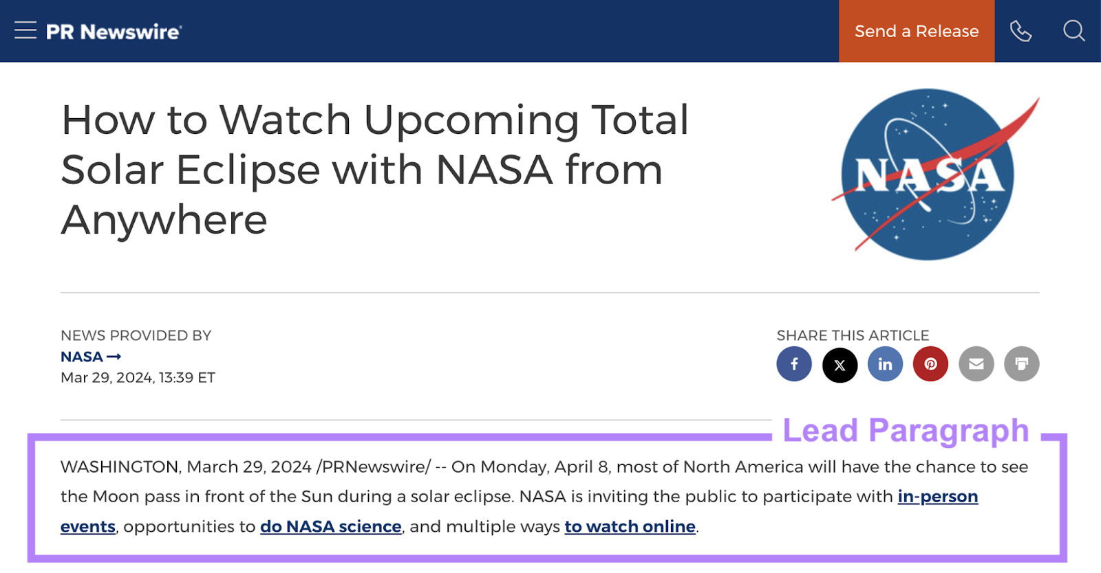 Lead paragraph says "on monday, april 8, most of north america will have the chance to see the moon pass in front of the sun during a solar eclipse. NASA is inviting the public to participate with in person event [...] multiple ways to watch online."