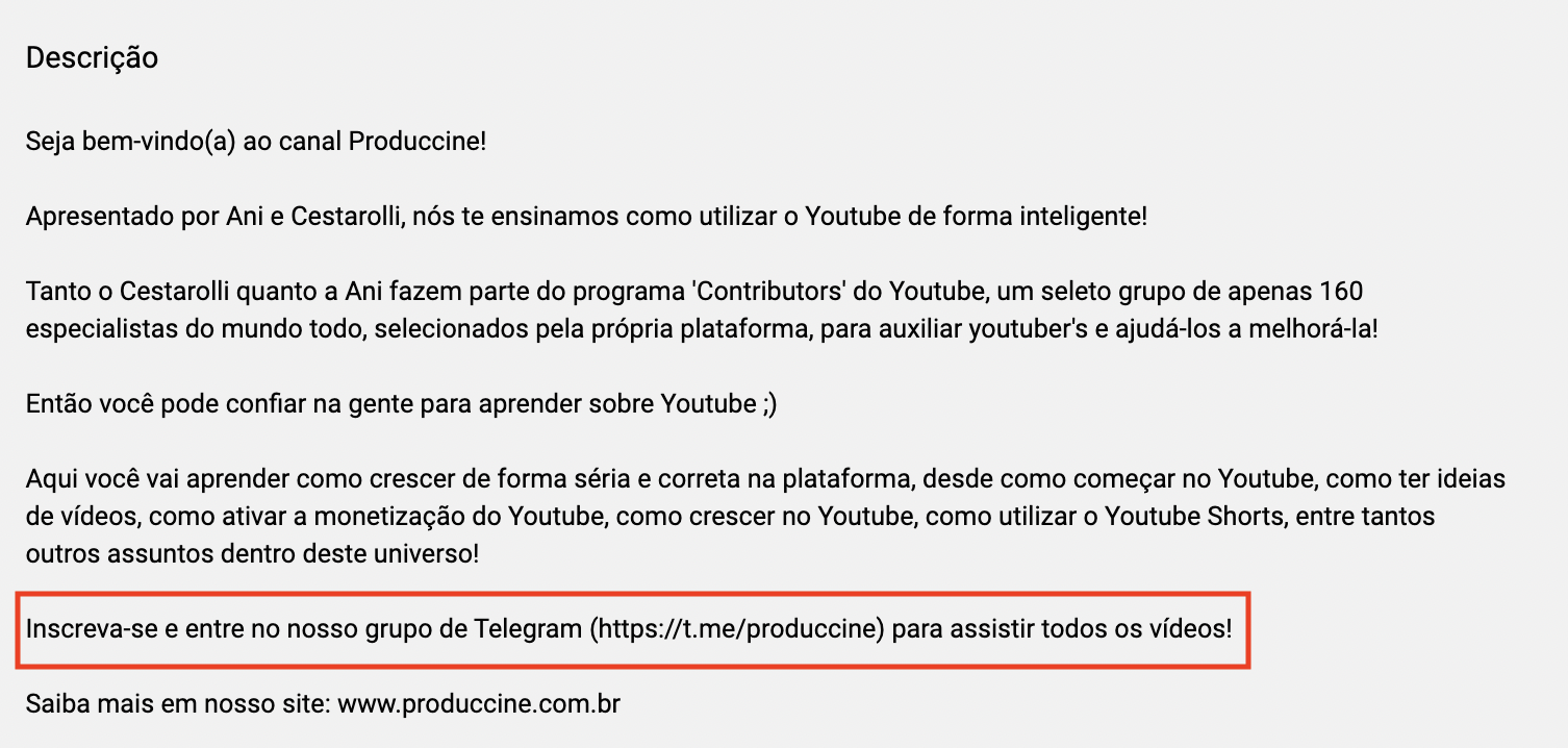 Call to Action na descrição do canal