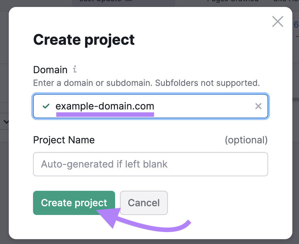 "Create project" pop up window in Site Audit tool
