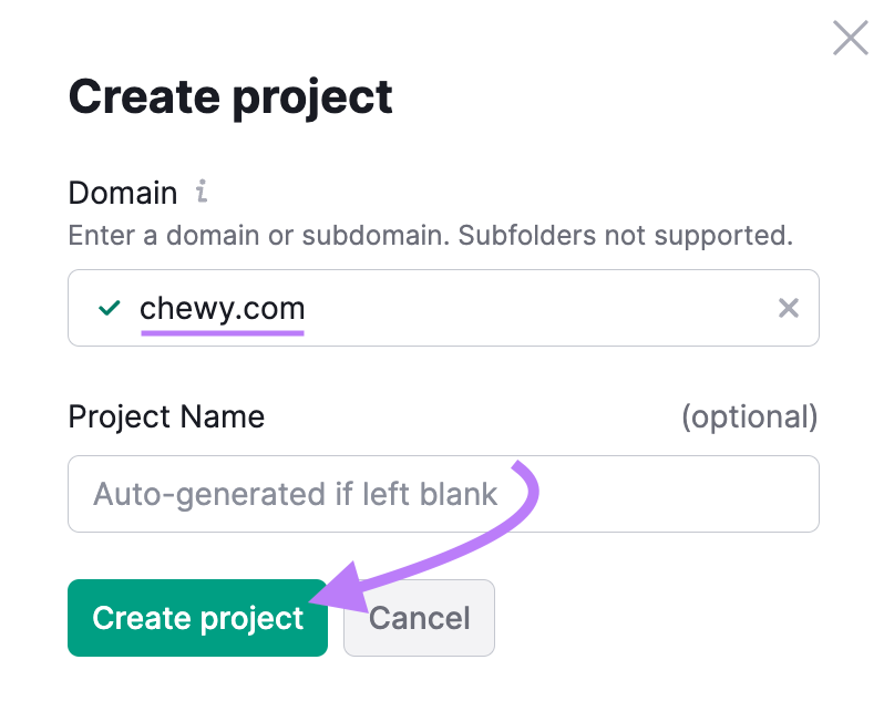 “Create project” window in Site Audit