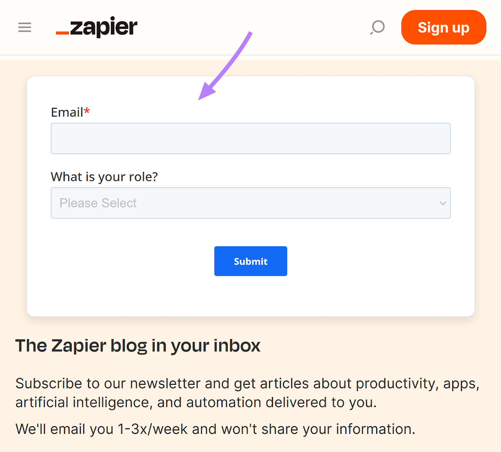 example of simple form with "email" and "what is your role" fields by Zapier