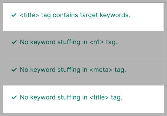 "<title> tag contains target keywords," and "No keyword stuffing in <title> tag" results highlighted in On Page SEO Checker tool