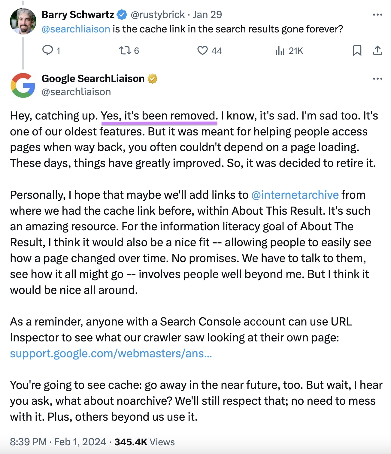 Google Search Liaison's post on X confirming that the search engine had removed the “Cached” links from its SERPs
