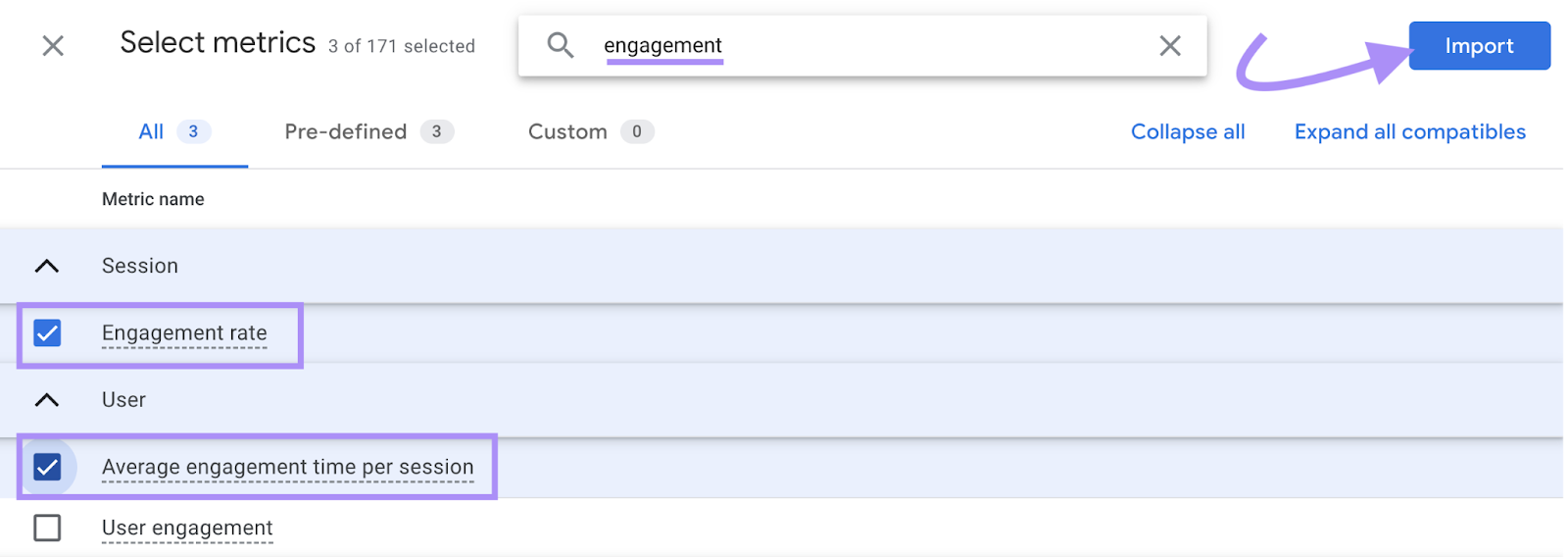 Importing “Engagement rate” and “Average engagement time per session” metrics to the report