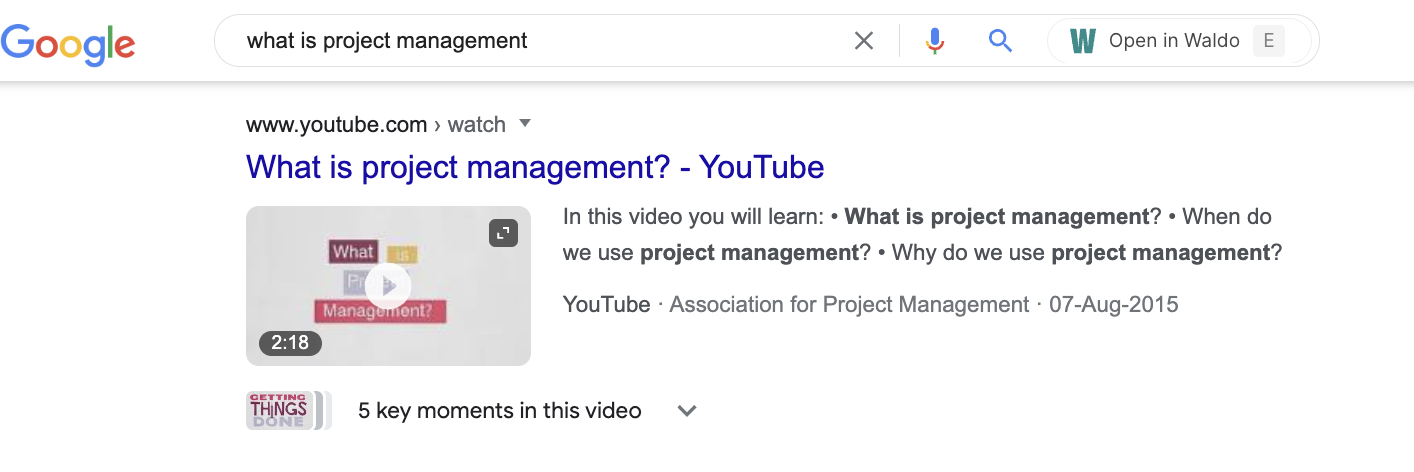 A YouTube video in Google’s video results for "what is project management" query