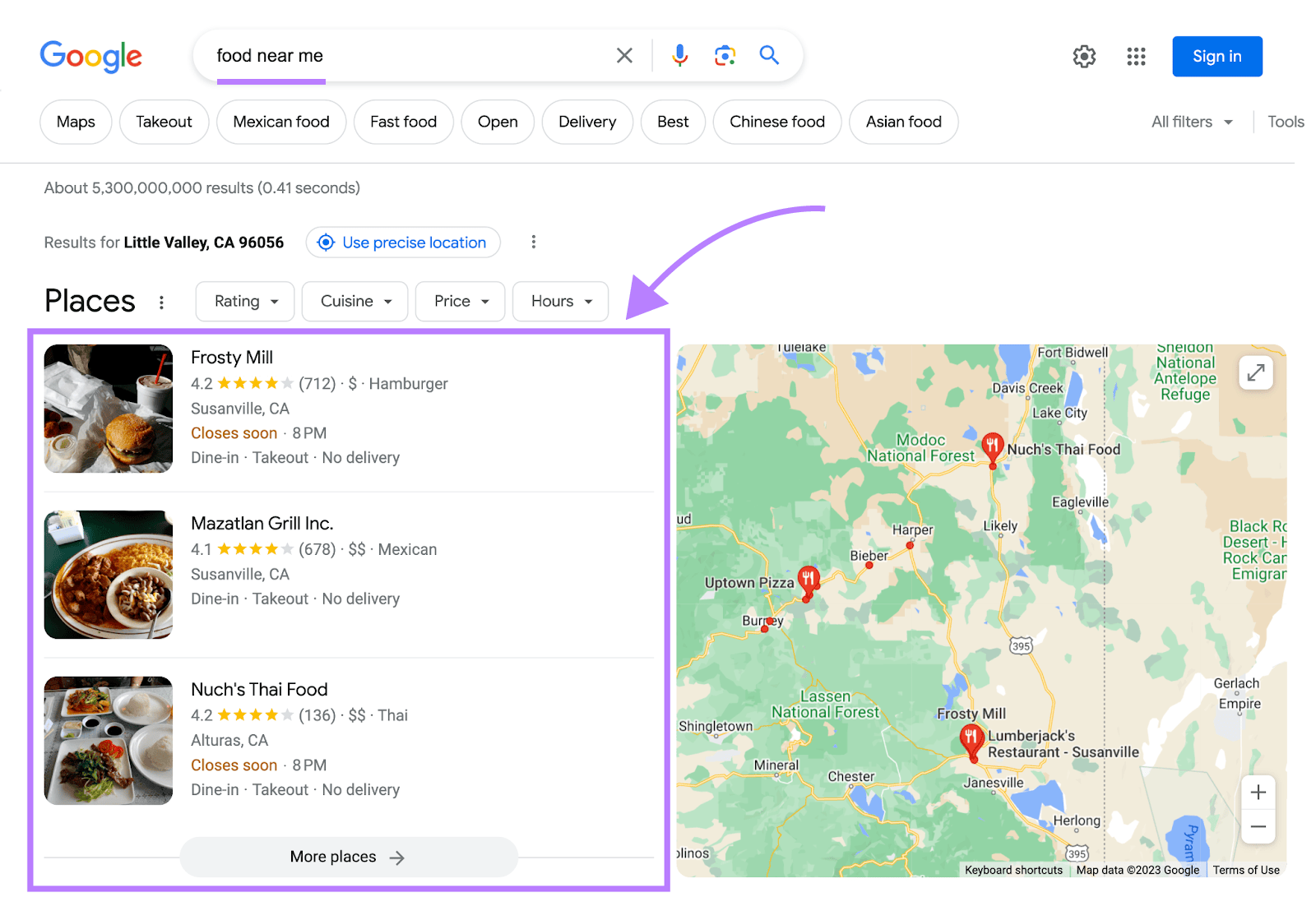 A local search result on Google for "food near me" query