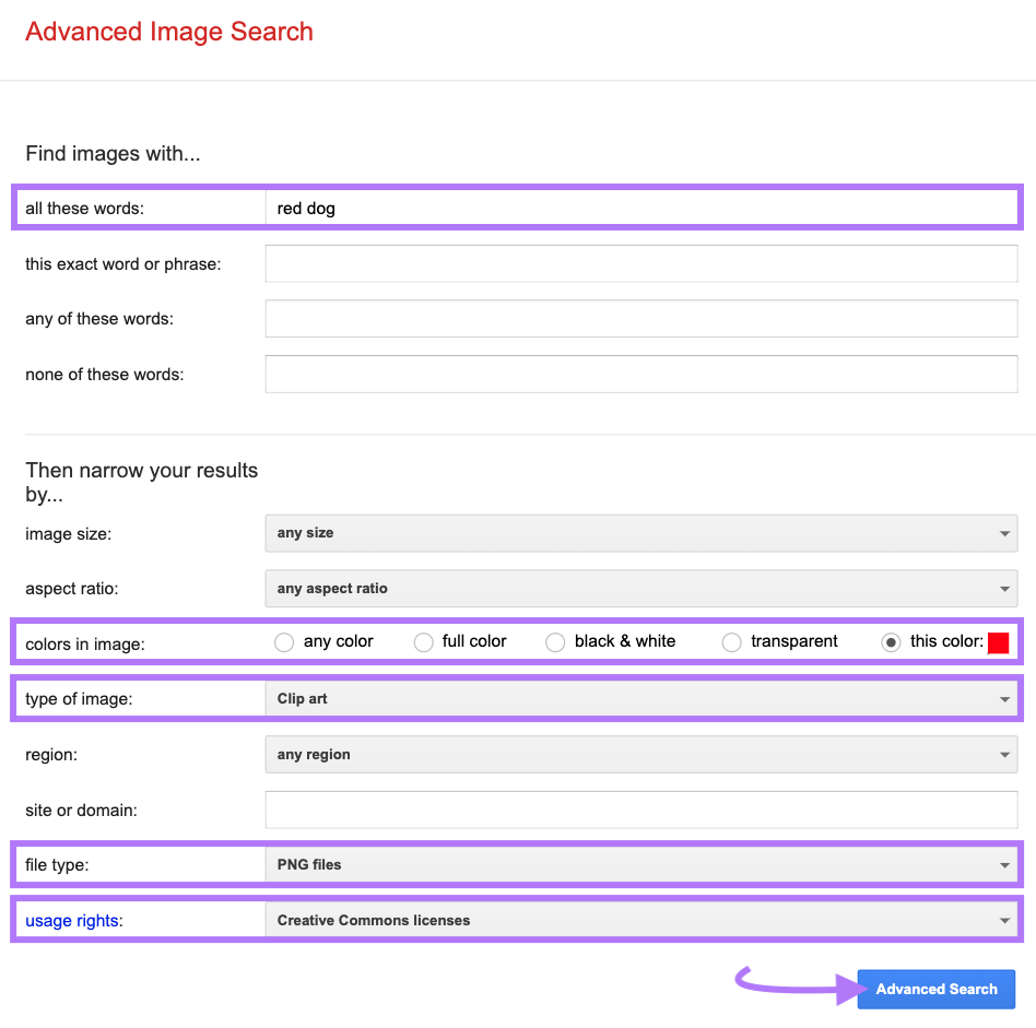 "red " and other criteria entered into Google's Advanced Image Search filters