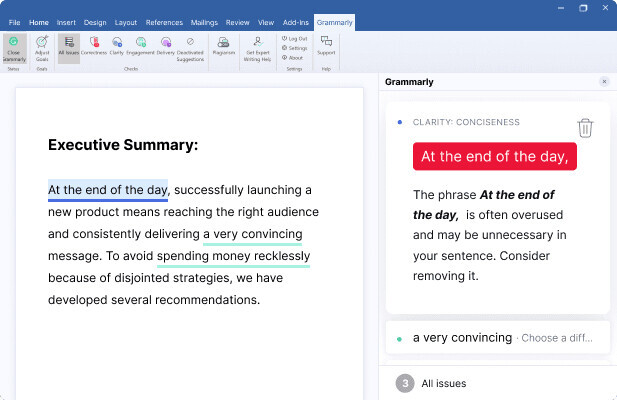 Grammarly flags the opening statement of a document, warning the writer about an overused and unnecessary phrase