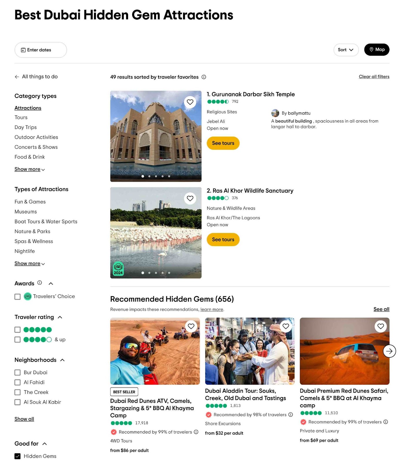 “Best Dubai Hidden Gem Attractions” page by Tripadvisor targeting the travel and experience stage of the user journey.