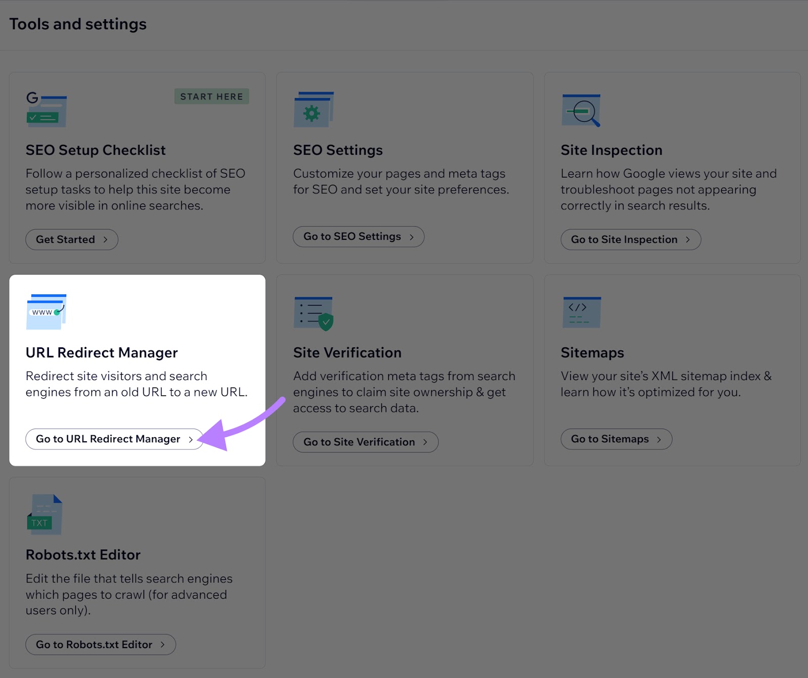 “URL Redirect Manager” widget selected under the “Tools and settings” section
