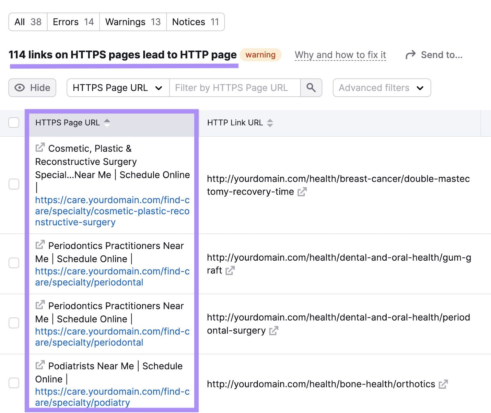 Site Audit study  showing pages that incorporate  links to unsecure interior   links.