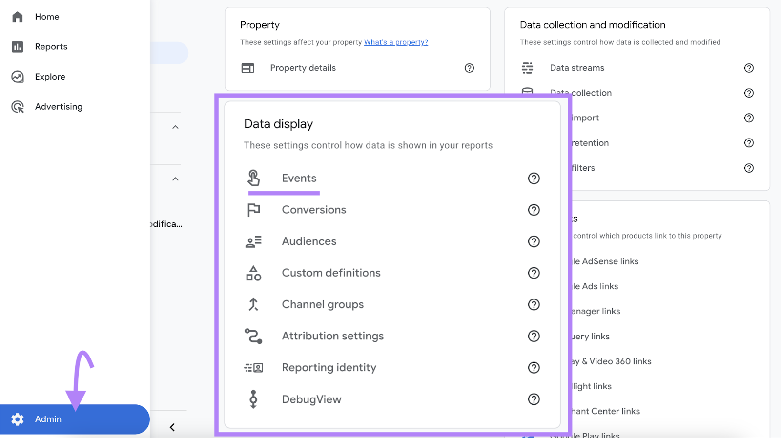 "Events" selected nether  "Data display" conception  successful  Google Analytics