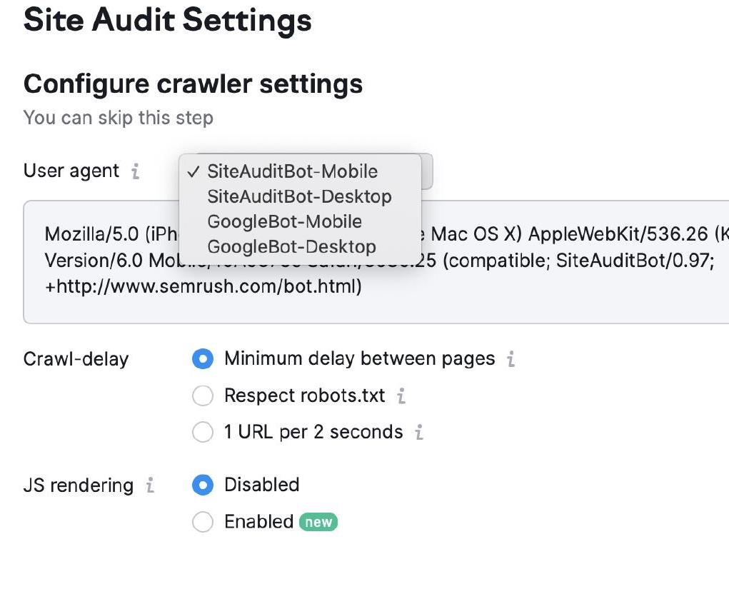 Site Audit Crawler Settings page