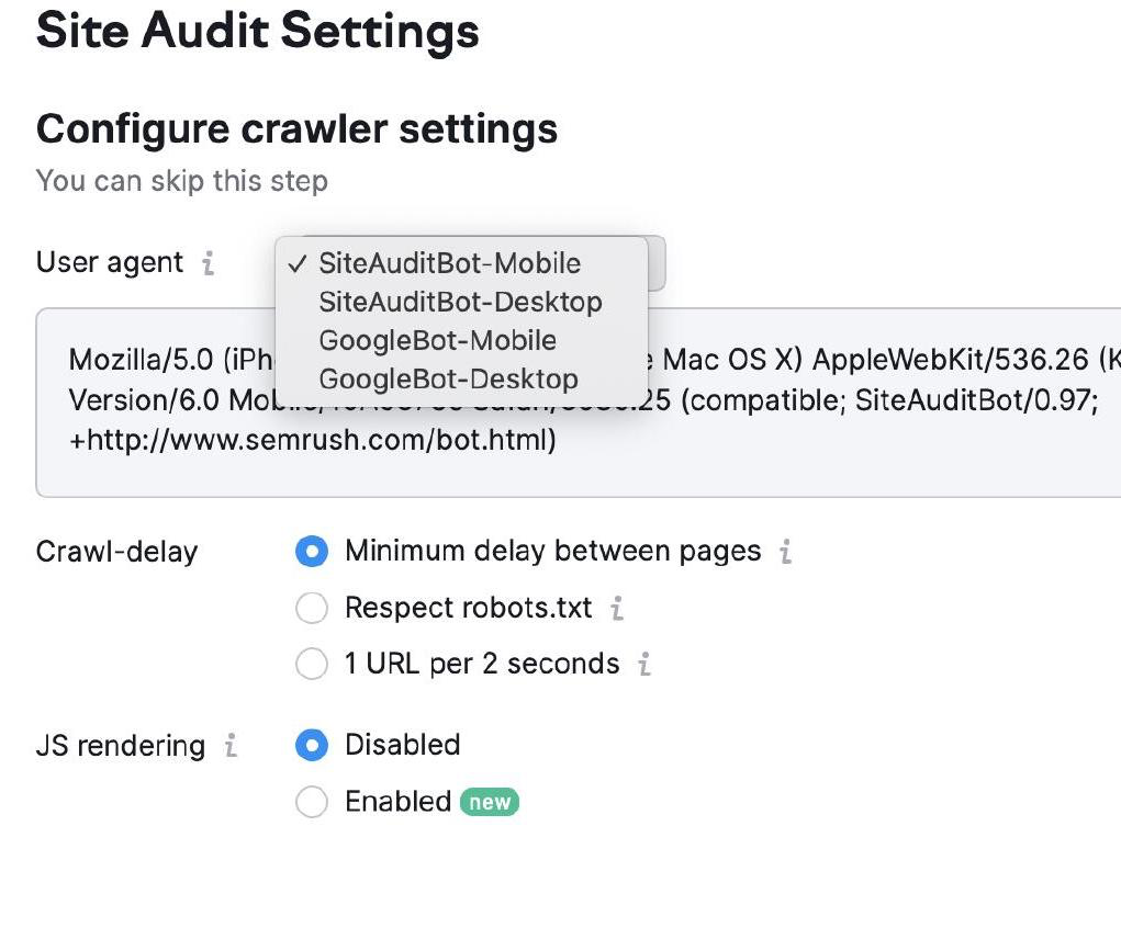 Página de configuración del rastreador de auditoría del sitio