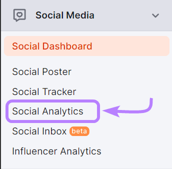 "Social Analytics" selected for the Semrush menu