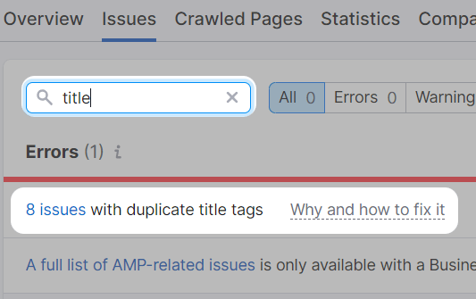 Site Audit's “Issues” tab with "title" entered into search