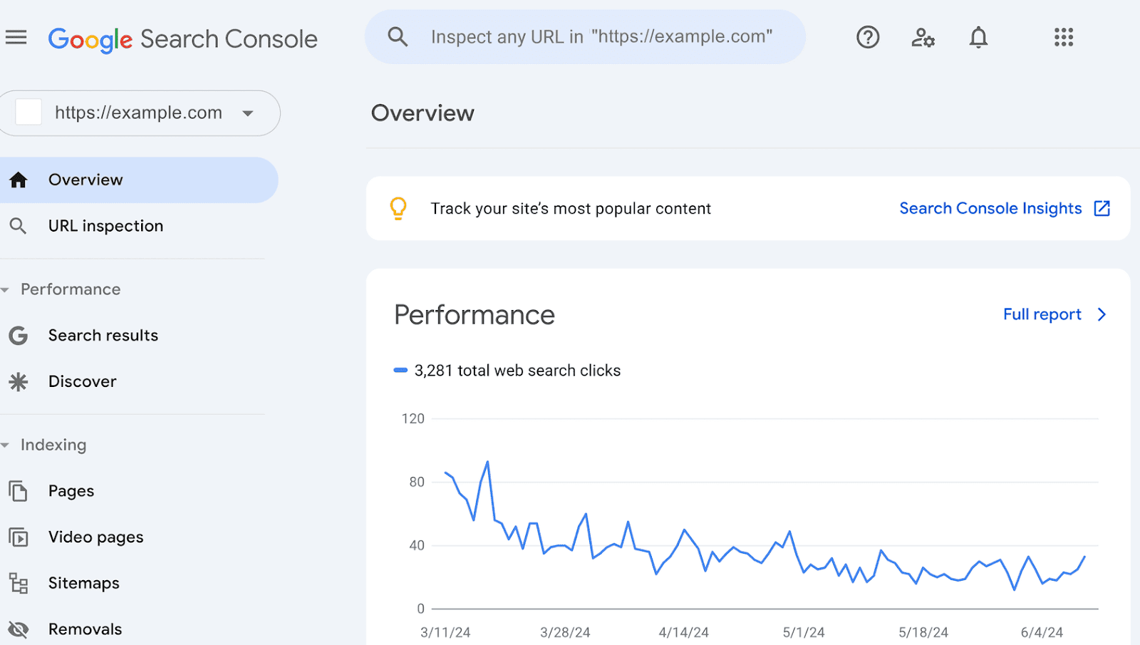 Google Search Console displaying an overview of a website’s performance with a line graph of web search clicks.