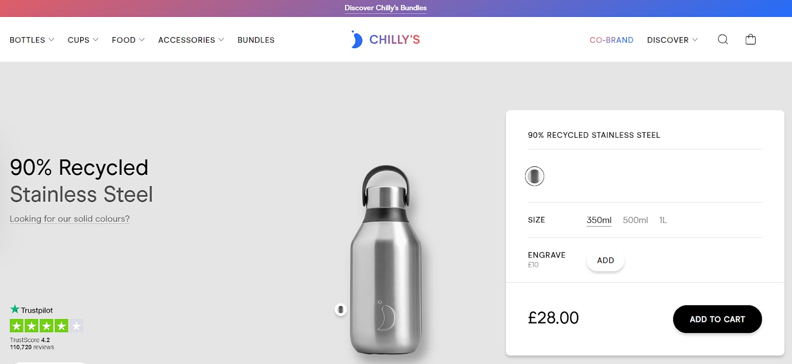 Chilly's product page of the recycled stainless steel bottle.