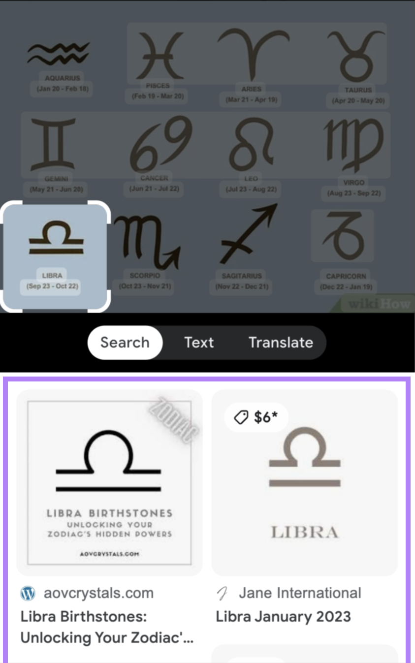 Isolating an object from the image found in Google for "horoscopes" to perform a reverse image search on mobile