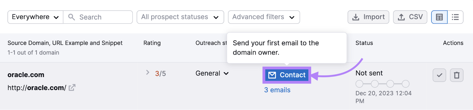 "Contact" button selected next to "oracle.com"
