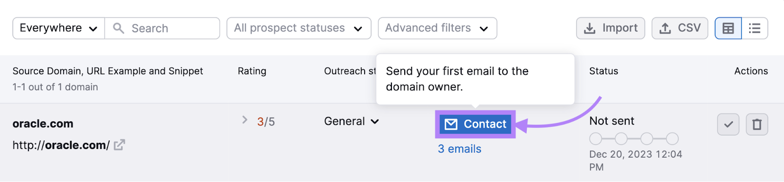 "Contact" fastener  selected adjacent  to "oracle.com"